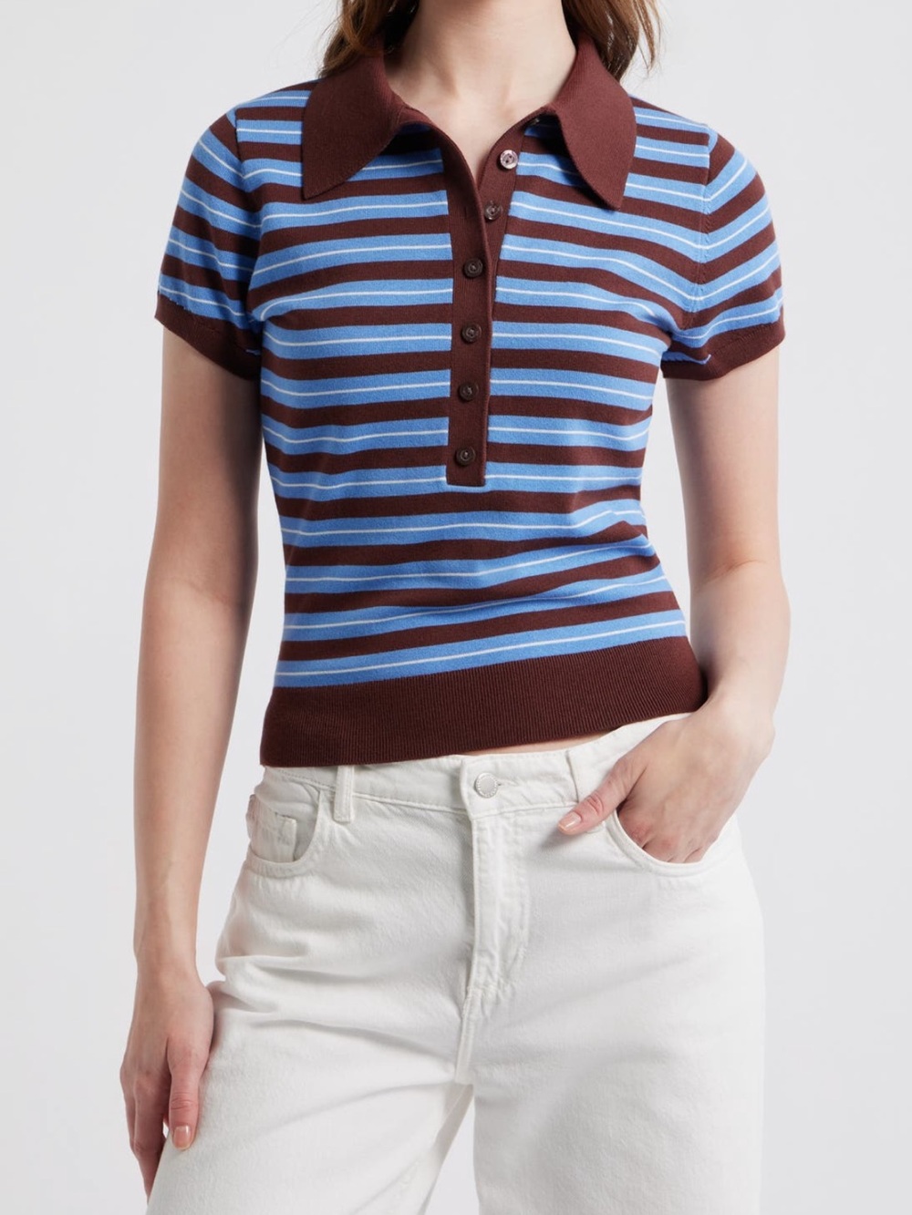 NWT Reformation Bentley Crop Polo Sweater in Mahogany Multi Strip